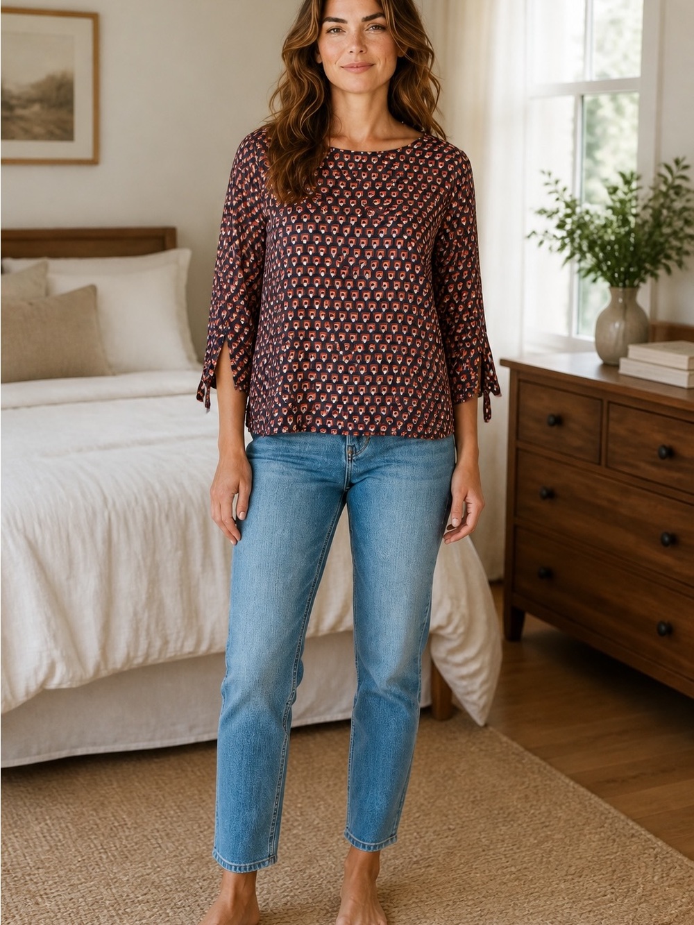 Weekend Max Mara Navy and Rust Patterned Tie-Sleeve Blouse